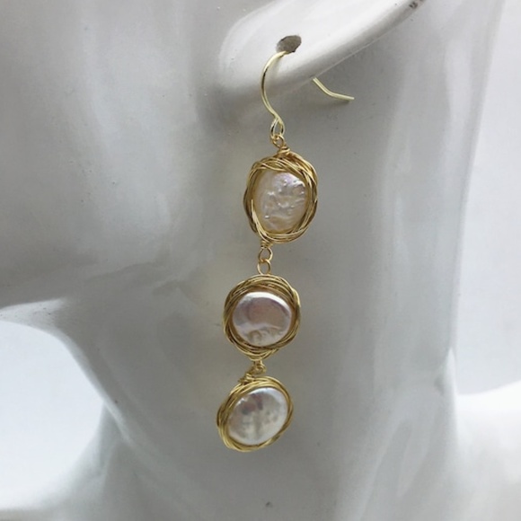 Handmade White 3 Coin Pearl Dangle Earring 14K Yellow Gold Plate - Picture 4 of 6